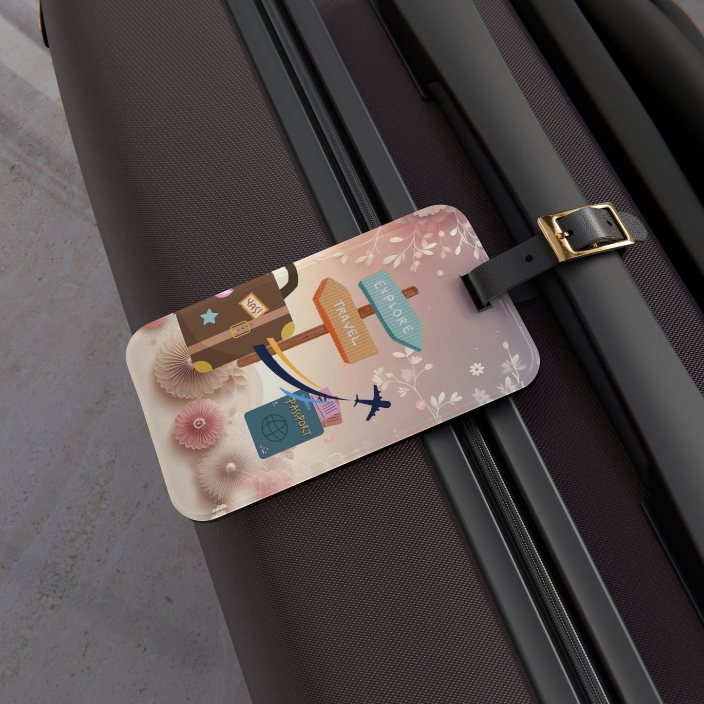 Travel Luggage Tag — 'Explore Travel' Suitcase & Passport Design
