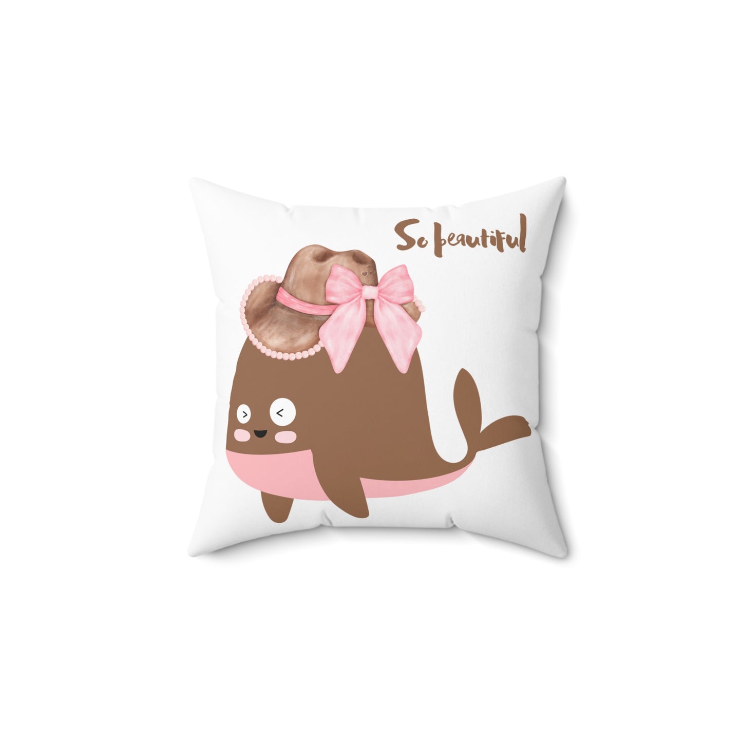 Whale wearing a cowboy hat with a pink bow Spun Polyester Square Pillow