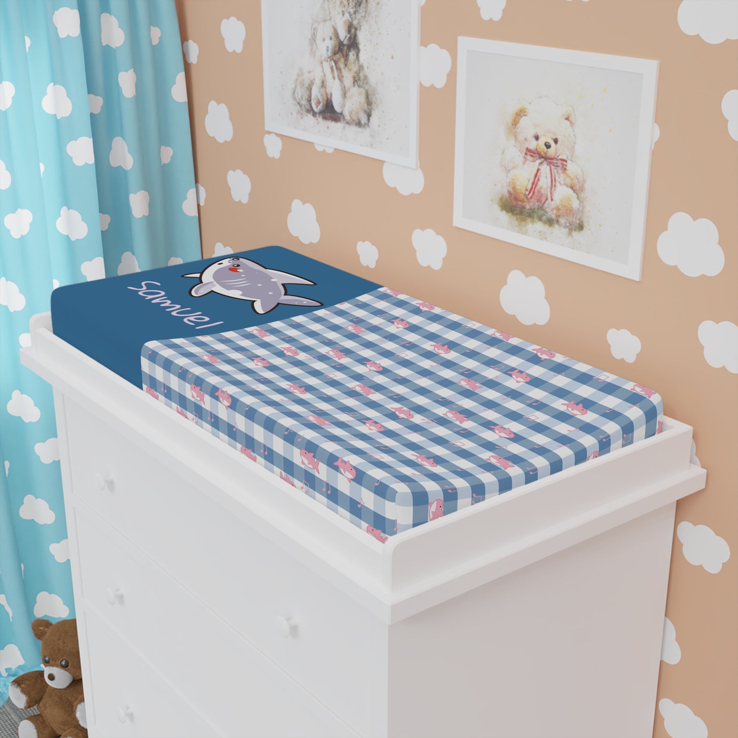 Personalized Shark Baby Changing Pad Cover — Blue Gingham with Name