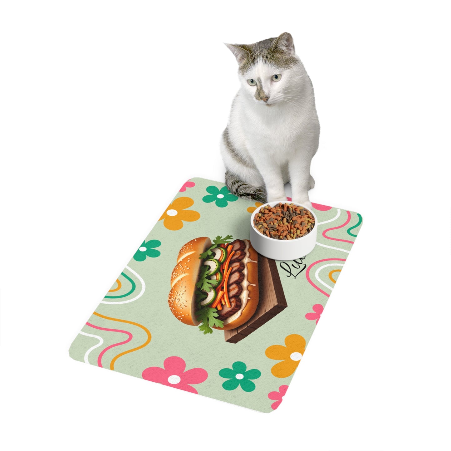 Personalized Pet Food Mat (12x18) – Retro Floral Sandwich Design with Name