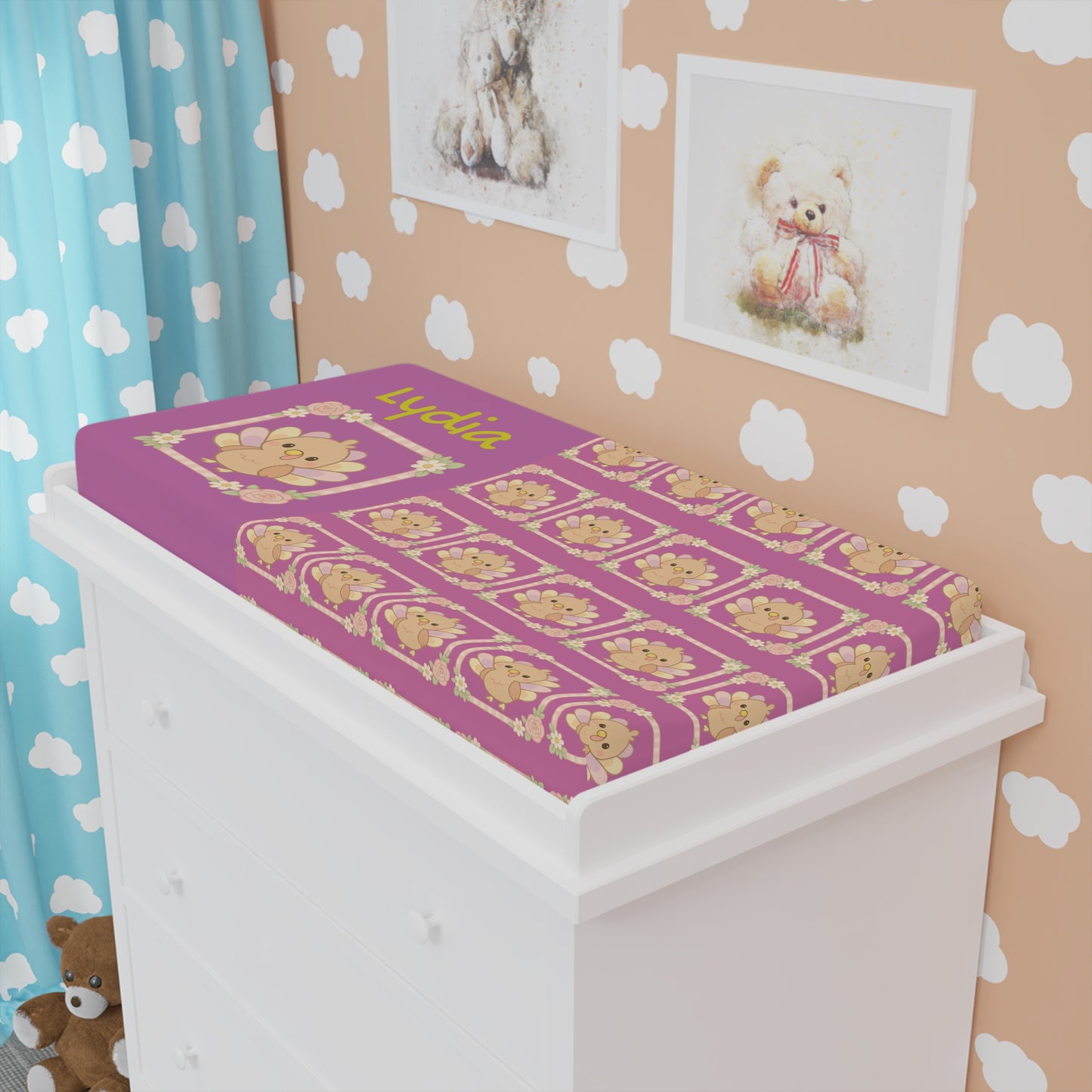 Changing Pad Cover — Personalized Pink Lion Nursery Pattern (Name: Lydia)