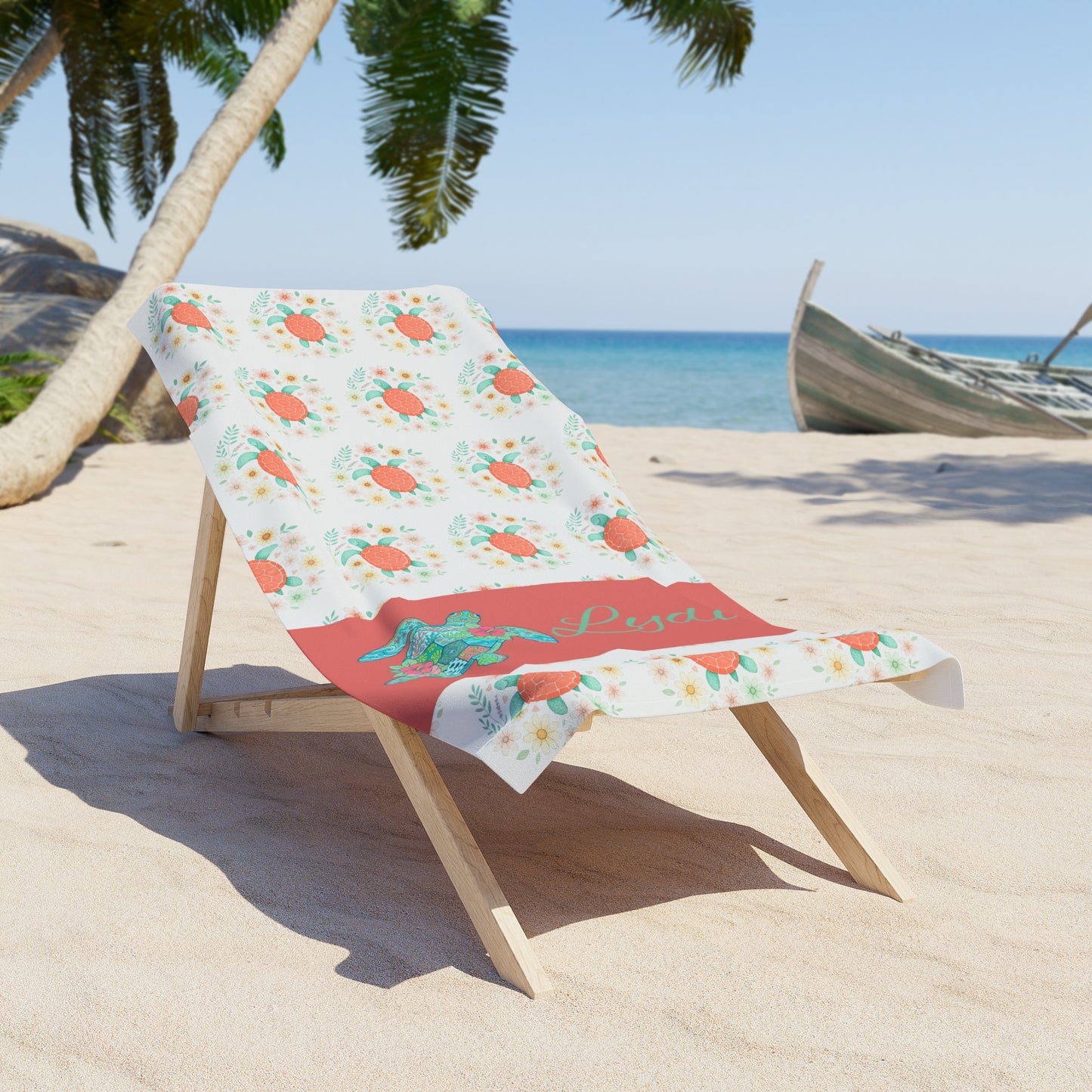 Personalized Sea Turtle Beach Towel — Coral Floral Pattern with Name