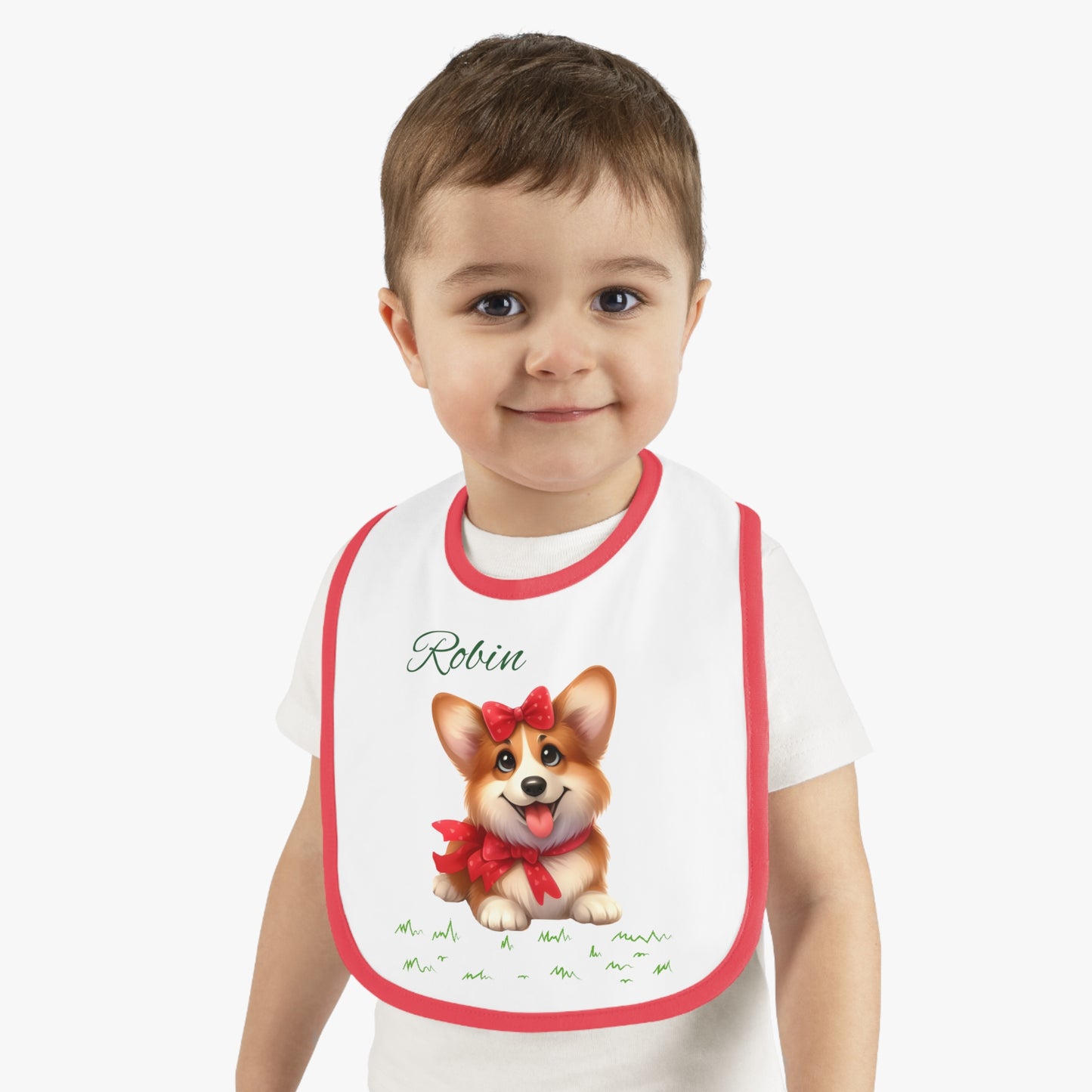 Personalized Corgi Baby Bib — Custom Name Contrast-Trim Jersey Bib