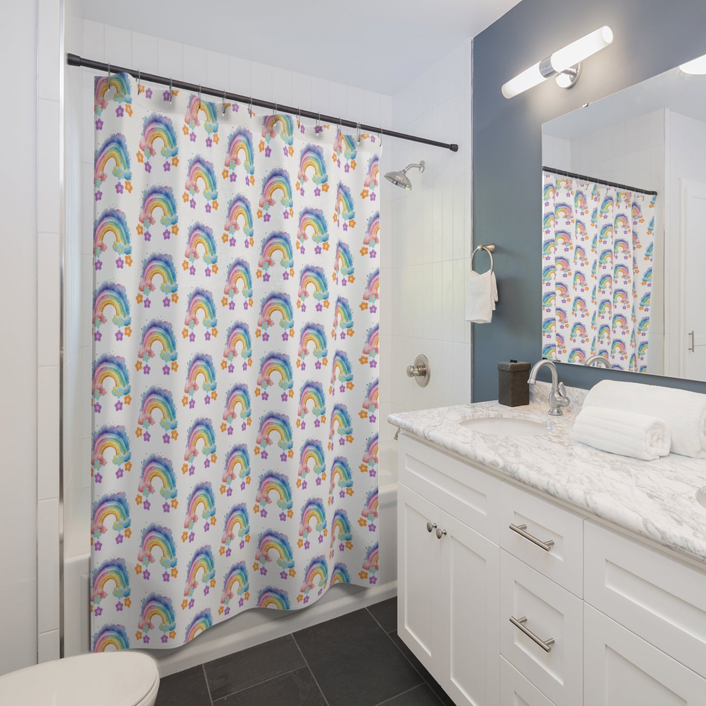 Rainbow Pattern Shower Curtain — Cute Watercolor Rainbows & Stars Bathroom Decor