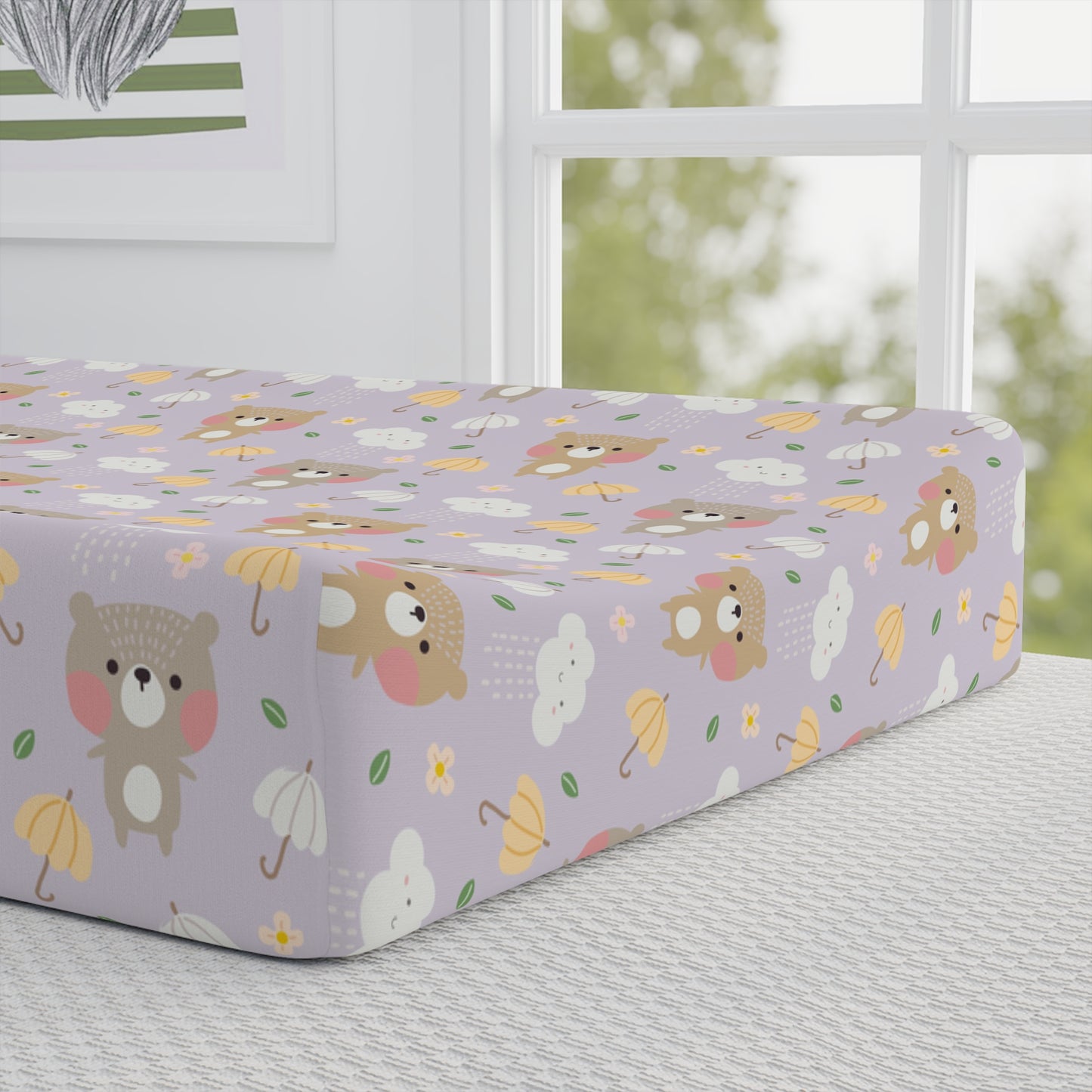 Baby Changing Pad Cover — Cute Lavender Bear & Floral Pattern (Personalizable)