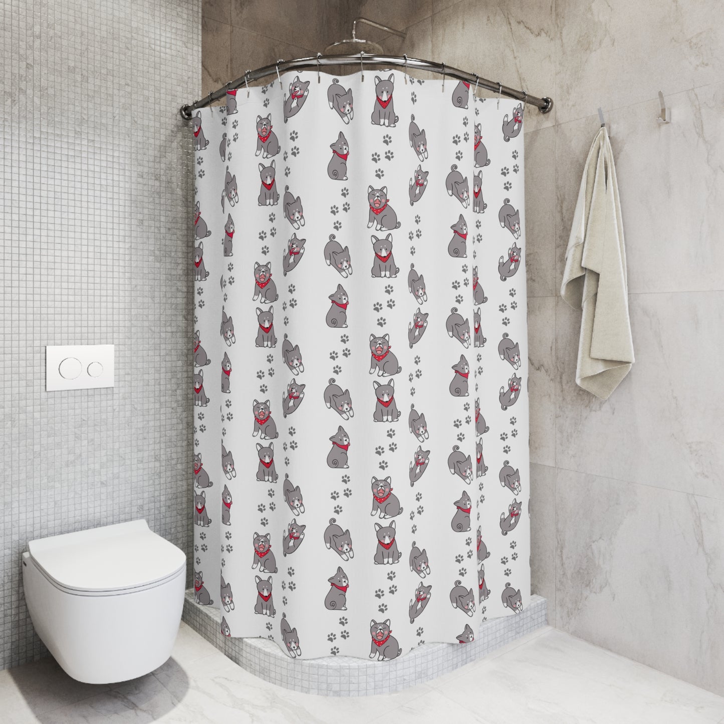 Shower Curtain — Cute Grey Husky Pattern with Red Bandana, Paw Print Bathroom Decor