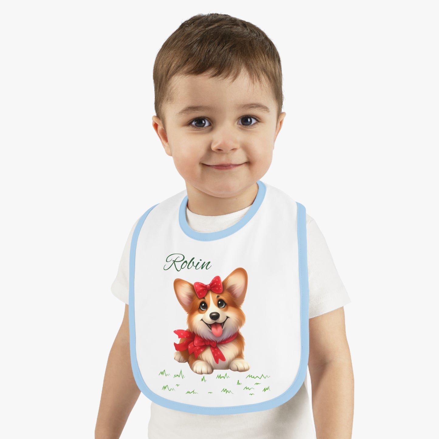 Personalized Corgi Baby Bib — Custom Name Contrast-Trim Jersey Bib