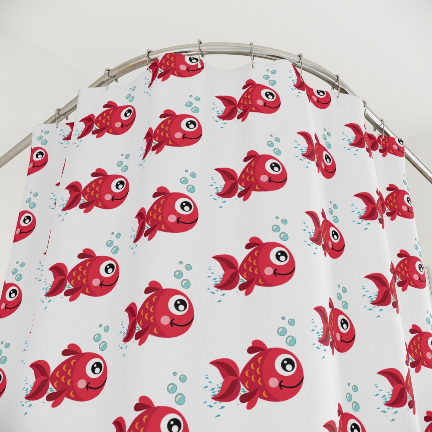 Cute Red Fish Shower Curtain — Playful Cartoon Aquarium Bathroom Decor