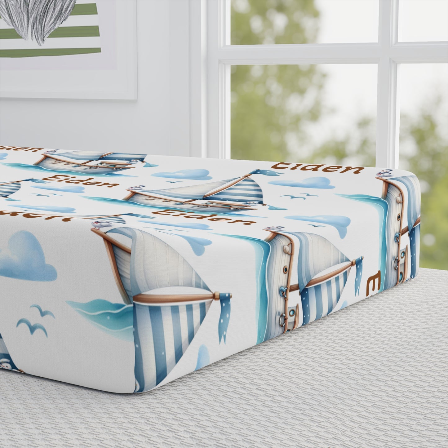 Nautical Baby Changing Pad Cover – Personalized Sailboat & Seagull Design (Custom Name)