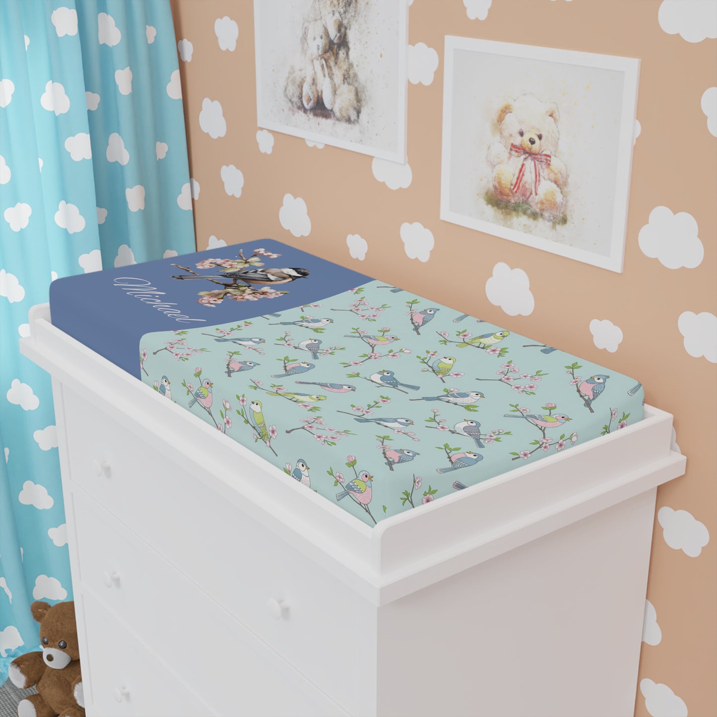 Bird Pattern Baby Changing Pad Cover — Personalized Blue Floral Nursery