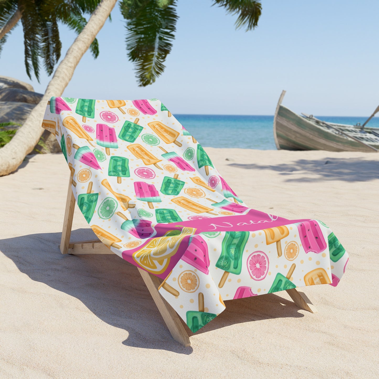 Personalized Lemon Popsicle Beach Towel — Colorful Summer Ice Pop Pattern, Custom Name