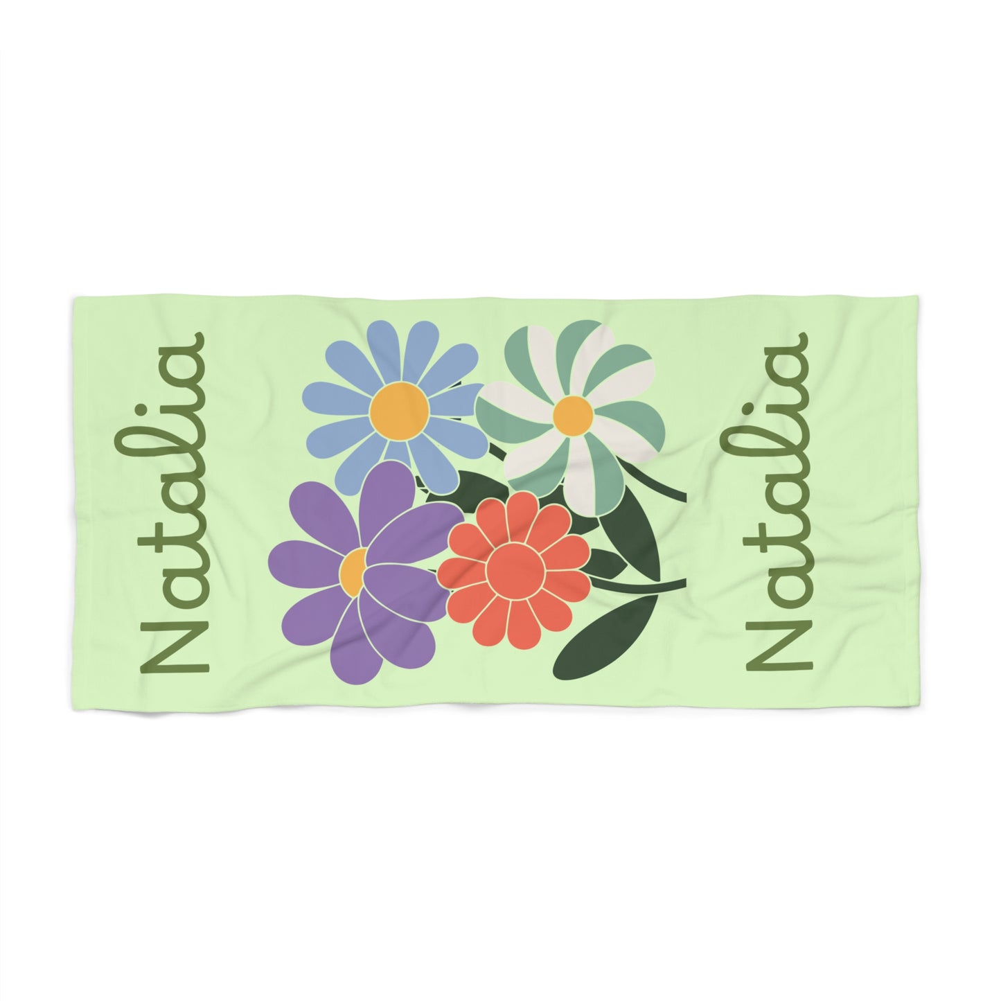 Personalized Floral Beach Towel – Custom Name Natalia, Pastel Green Summer Towel