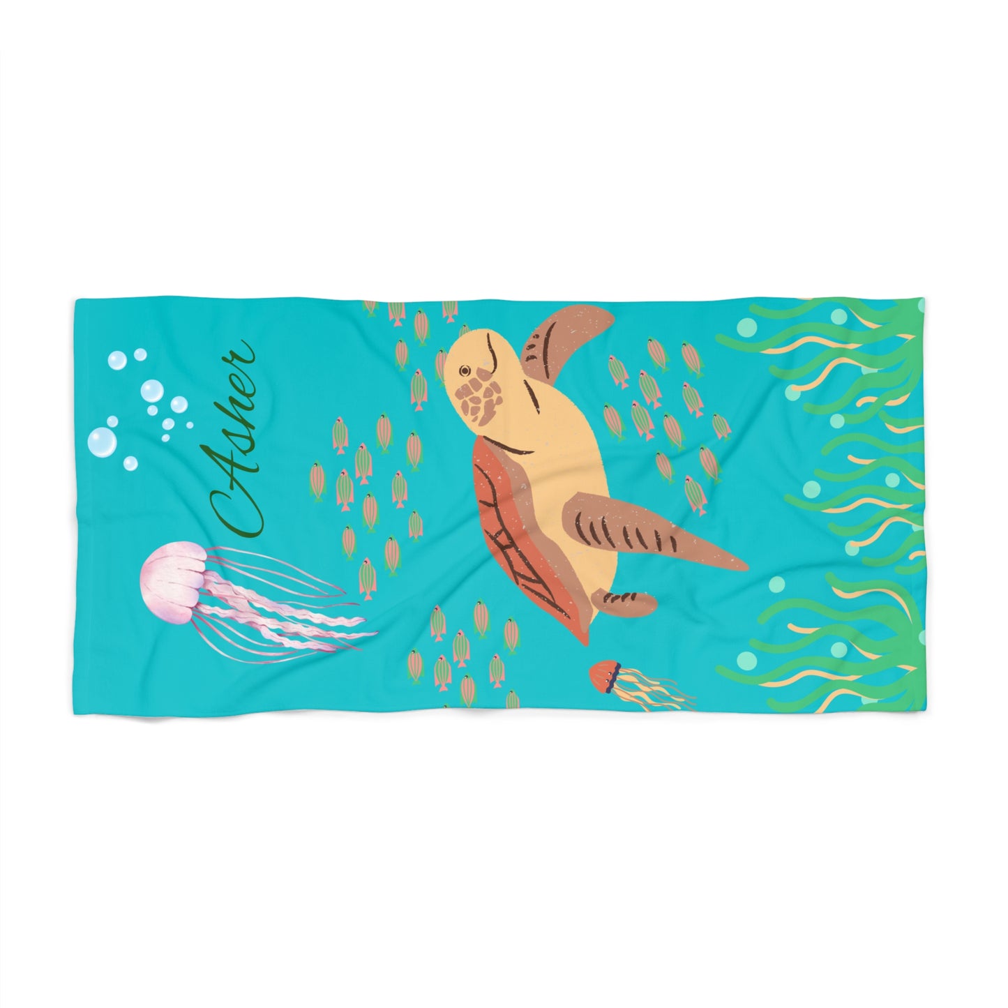 Sea Turtle Personalized Beach Towel — Custom Name Jellyfish Ocean Design