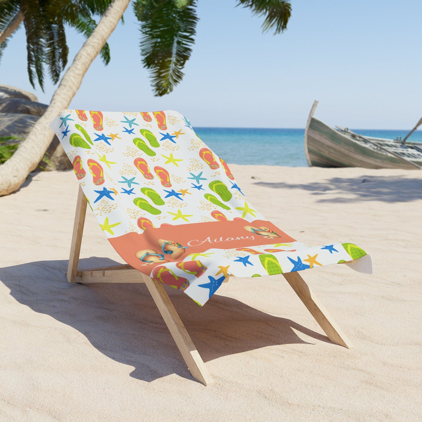 Personalized Flip Flop Beach Towel – Colorful Summer Sandals & Starfish Design