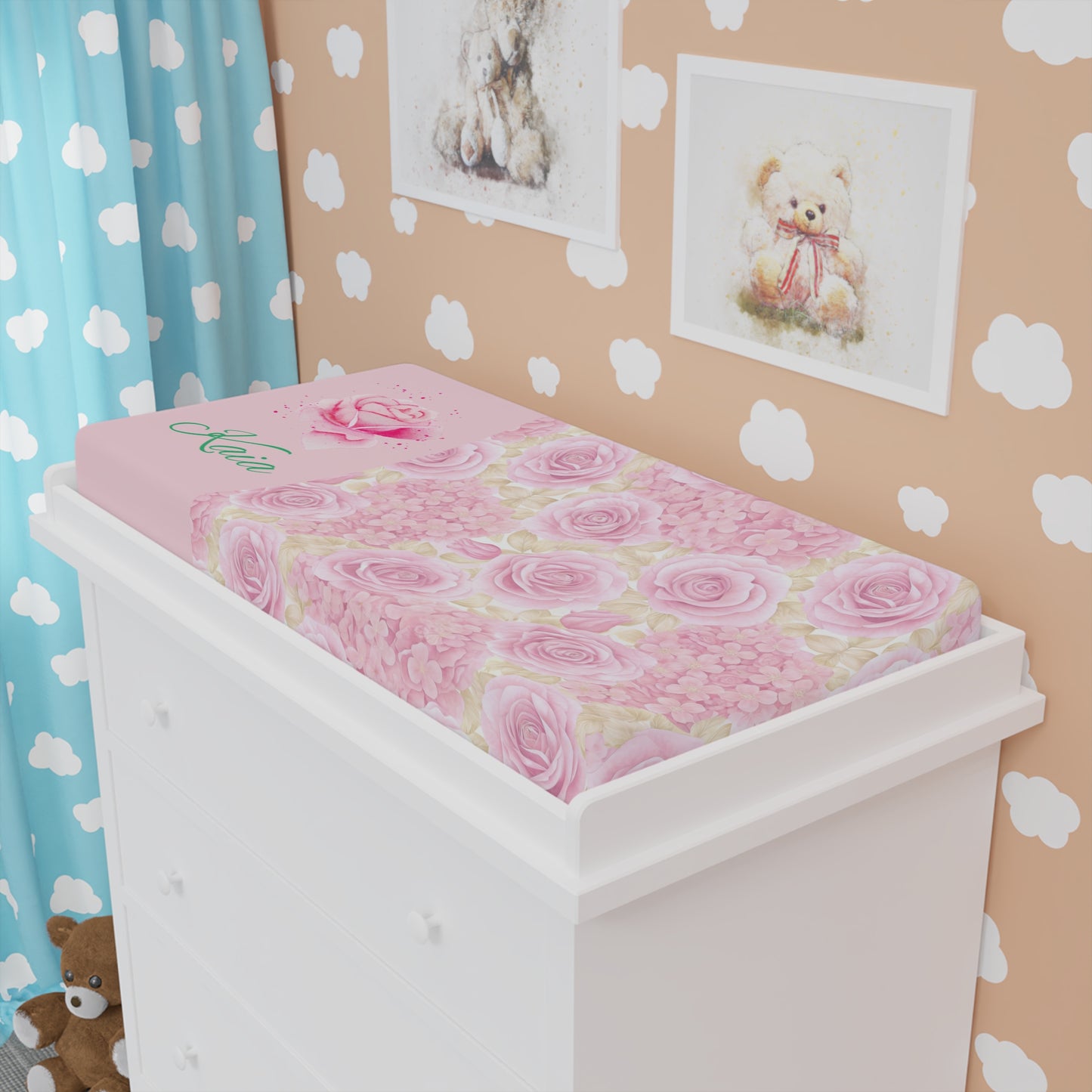 Baby Changing Pad Cover - Pink Rose Floral Personalized Nursery Cover