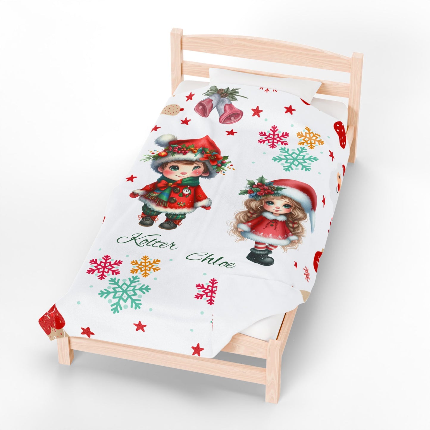 Personalized Christmas Velveteen Plush Blanket with Cute Holiday Dolls