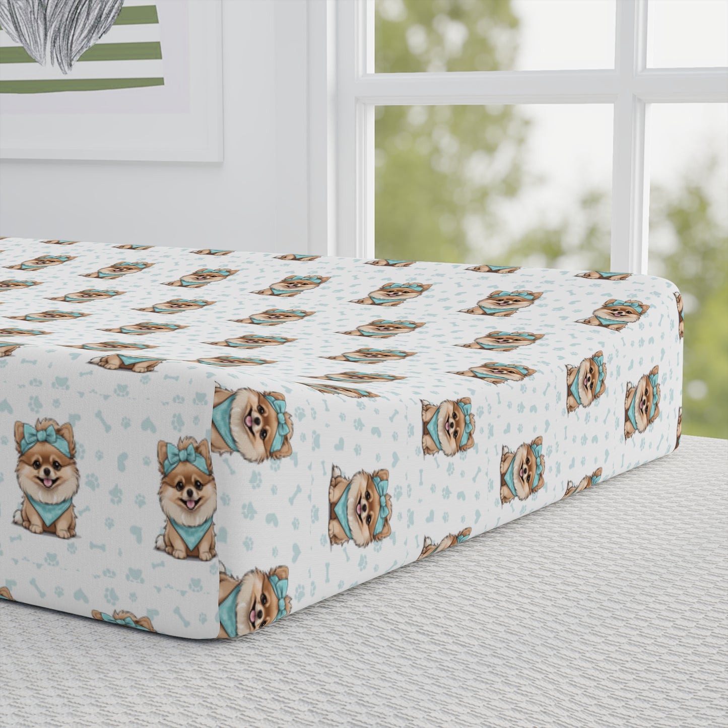 Baby Changing Pad Cover — Cute Cartoon Puppy Pattern with Personalized Name (Aqua)
