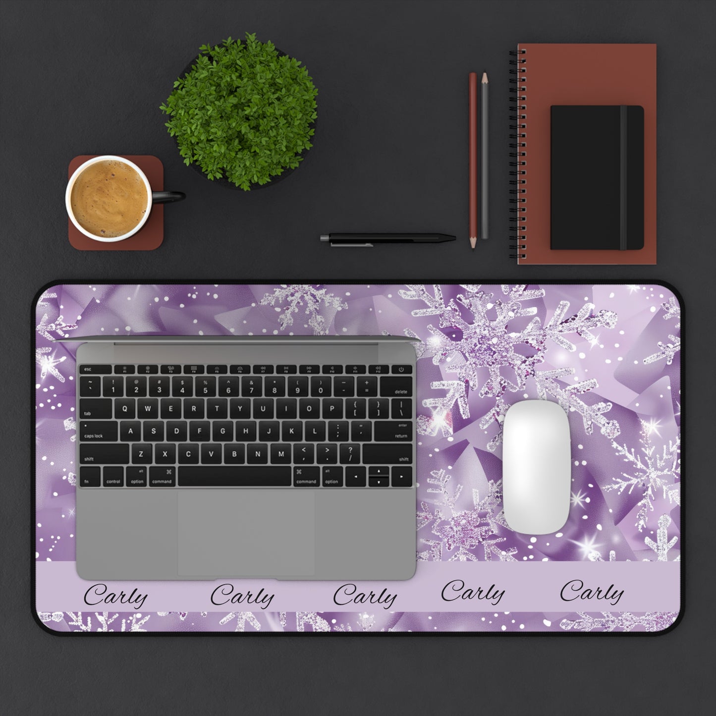 Personalized Snowflake Desk Mat, Custom Mouse Pad, Winter Office Decor, Holiday Gift, Purple Snowflakes