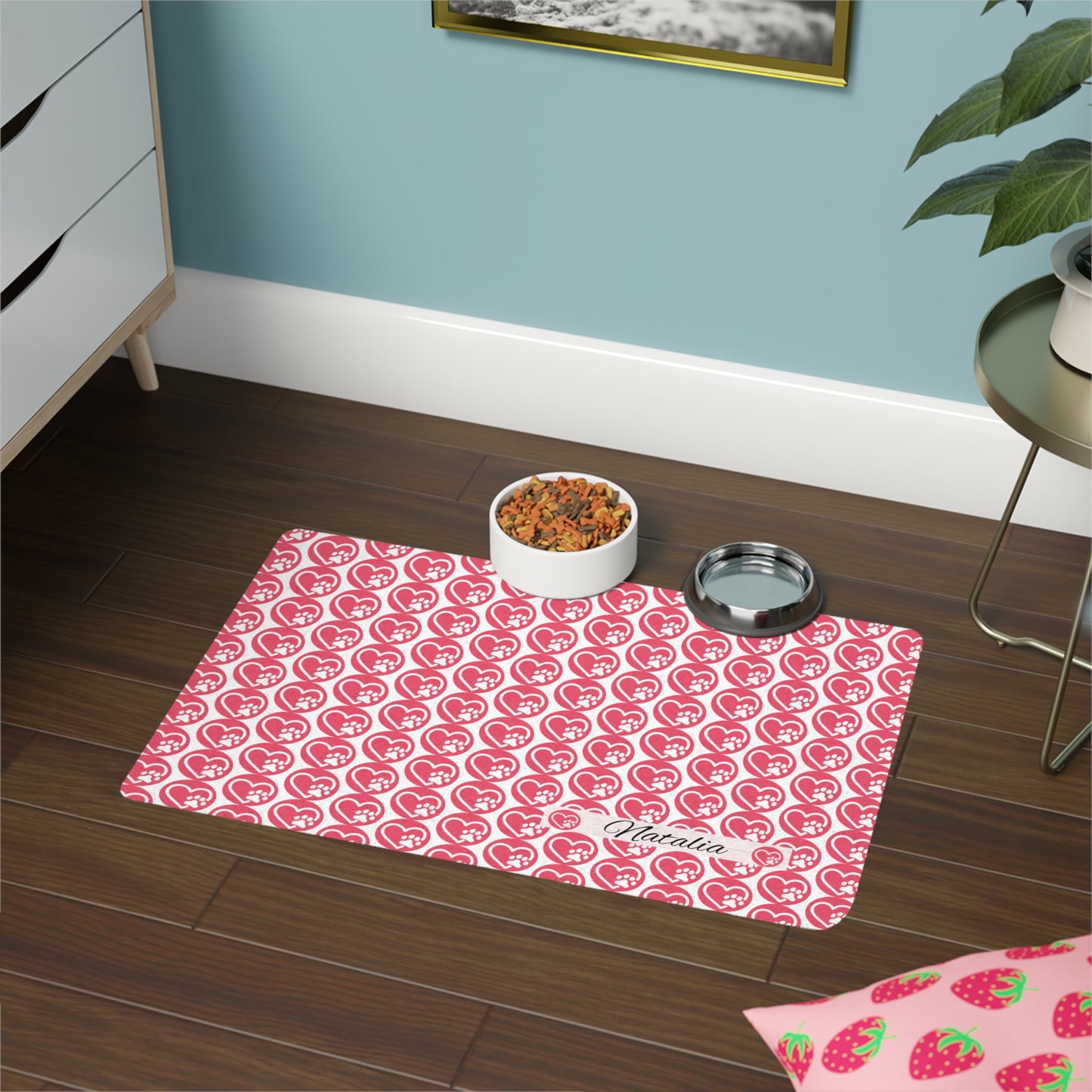 Personalized Pink Heart Paw Pet Food Mat (12x18) — Custom Name Pet Placemat for Cats & Dogs