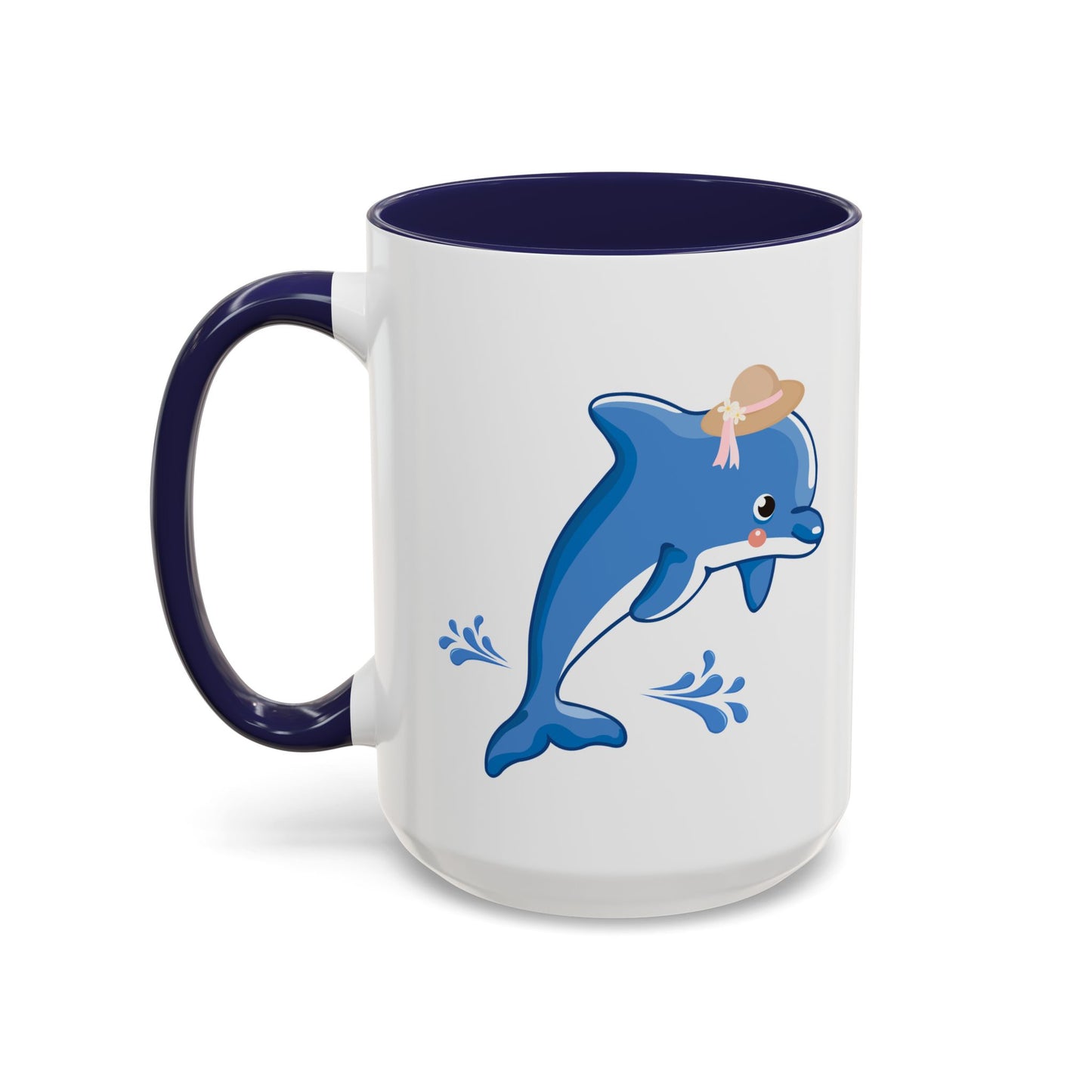 Dolphin wearing a straw hat with stylized water splashes Coffee Mug
