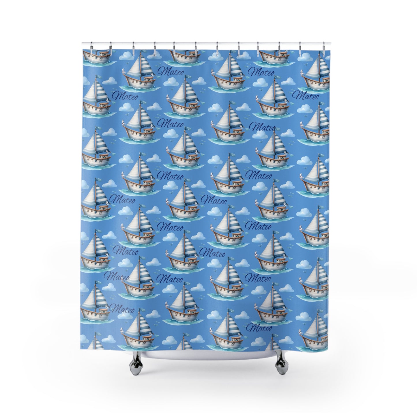 Nautical Sailboat Shower Curtain — Blue Boat Pattern with “Mateo” Name