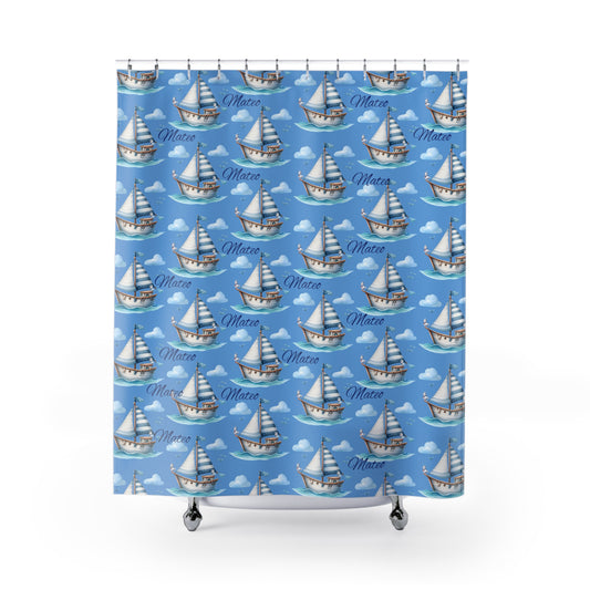 Nautical Sailboat Shower Curtain — Blue Boat Pattern with “Mateo” Name