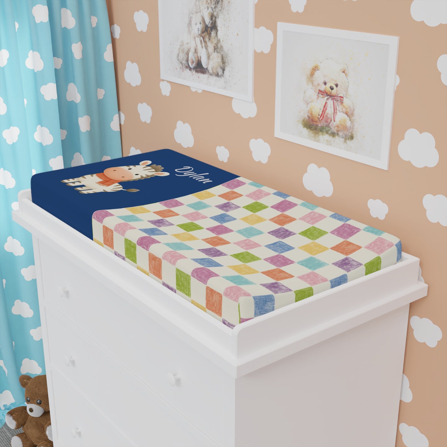 Giraffe Nursery Changing Pad Cover — Colorful Pastel Check Baby Bedding