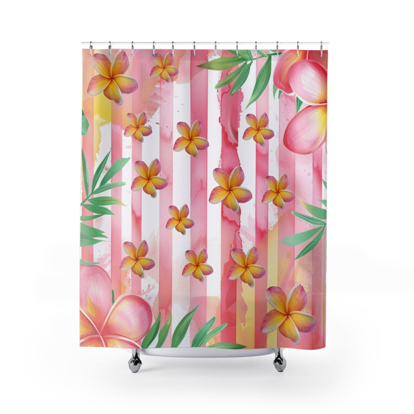 Tropical Plumeria Shower Curtain – Pink Stripes Floral Bath Decor