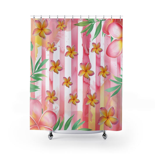 Tropical Plumeria Shower Curtain – Pink Stripes Floral Bath Decor