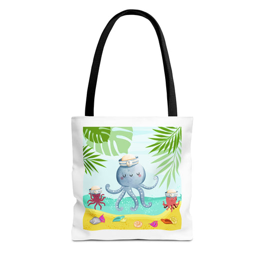 Octopus on a beach scene with tropical Tote Bag