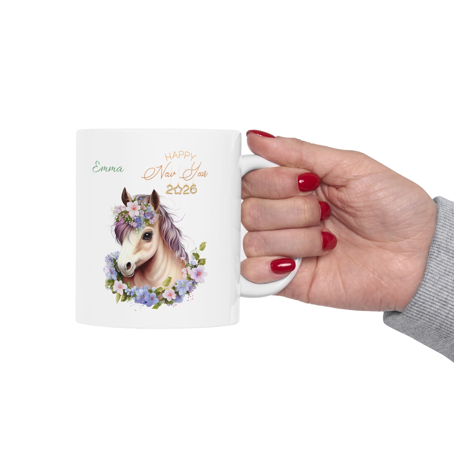 Floral Horse Ceramic Mug – Personalized "Emma" Coffee Cup (11oz & 15oz)