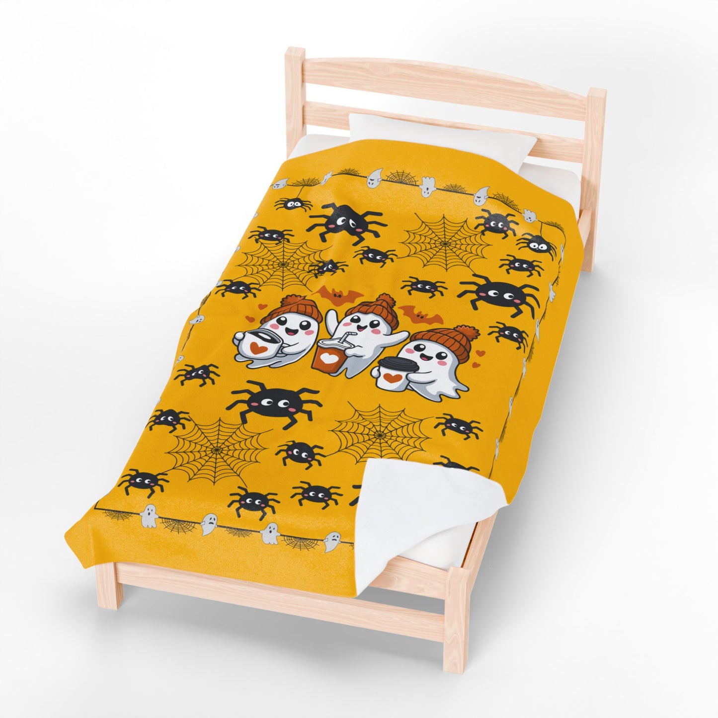 Cozy Halloween Velveteen Plush Blanket for Spooky Nights, Ghosts and Spiders Design, Perfect for Fall Decor, Gift, and Movie Nights