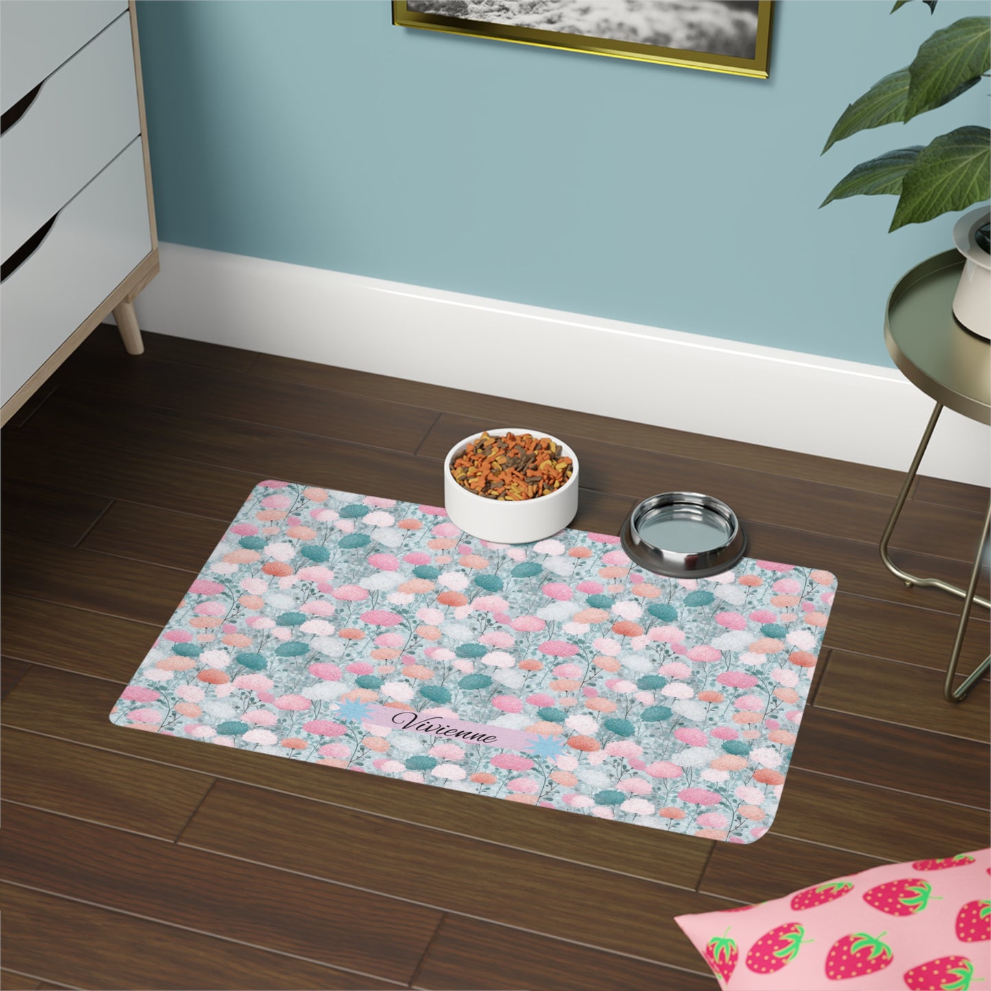 Personalized Pastel Floral Pet Food Mat (12x18)