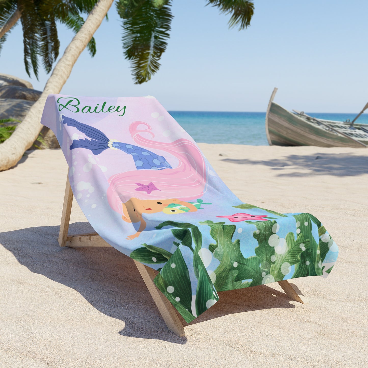 Personalized Mermaid Beach Towel - Custom Name Kids Ocean Towel
