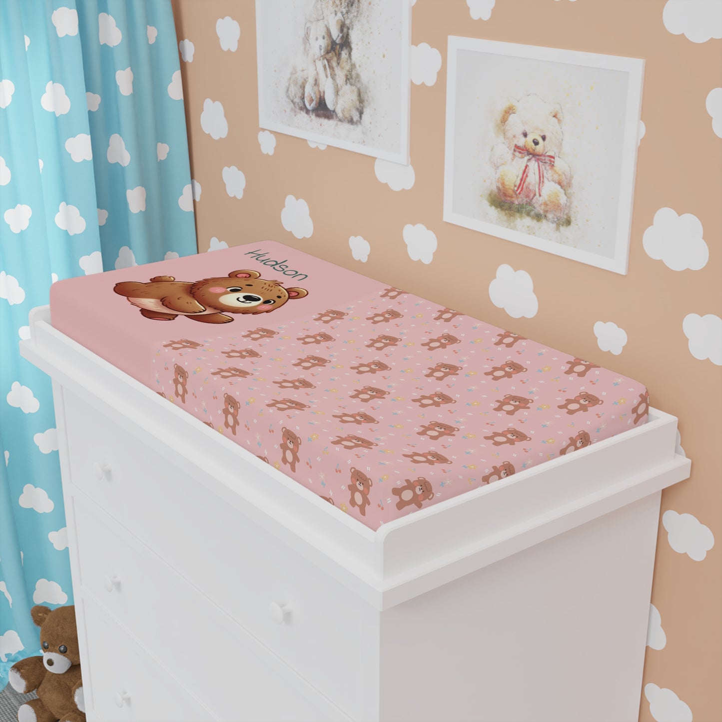 Baby Changing Pad Cover – Pink Teddy Bear Pattern with Personalized Name