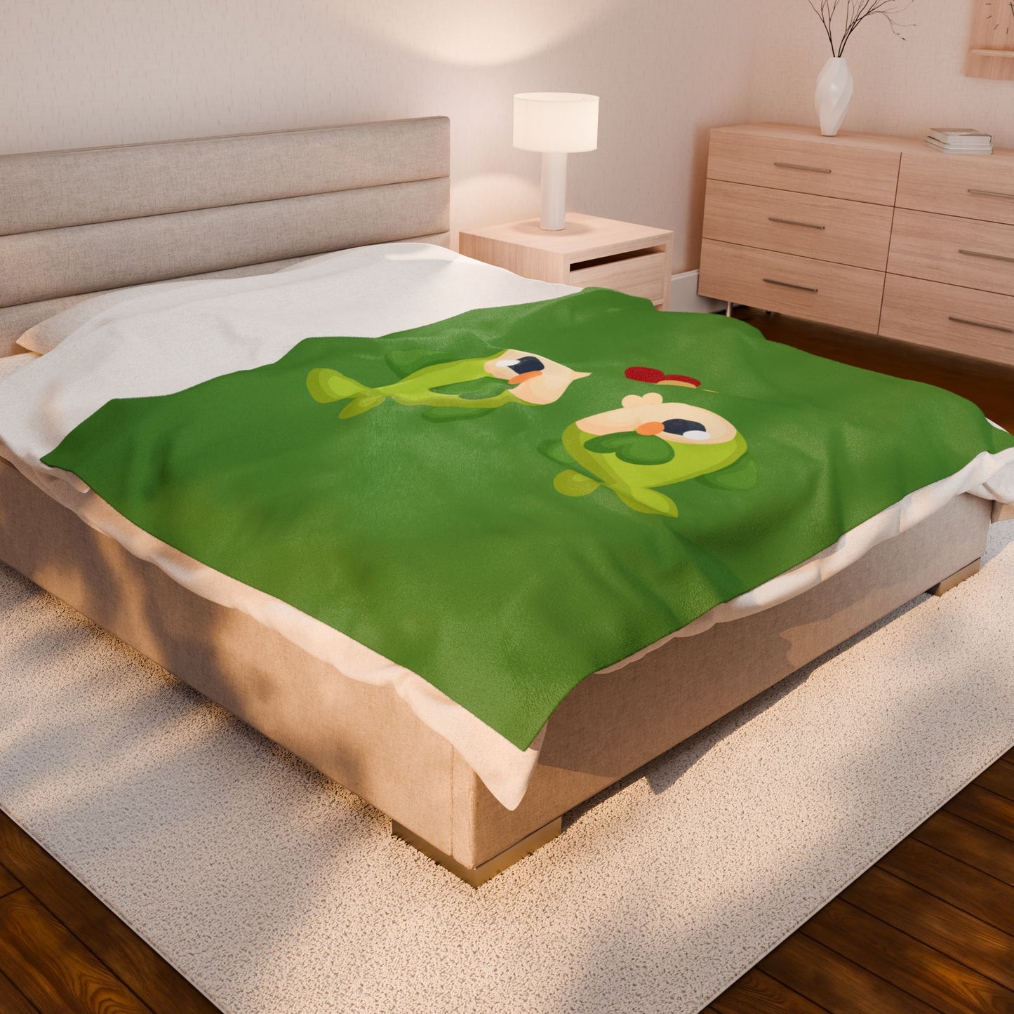 Two hearts float between the fish one red and one yellow Velveteen Plush Blanket