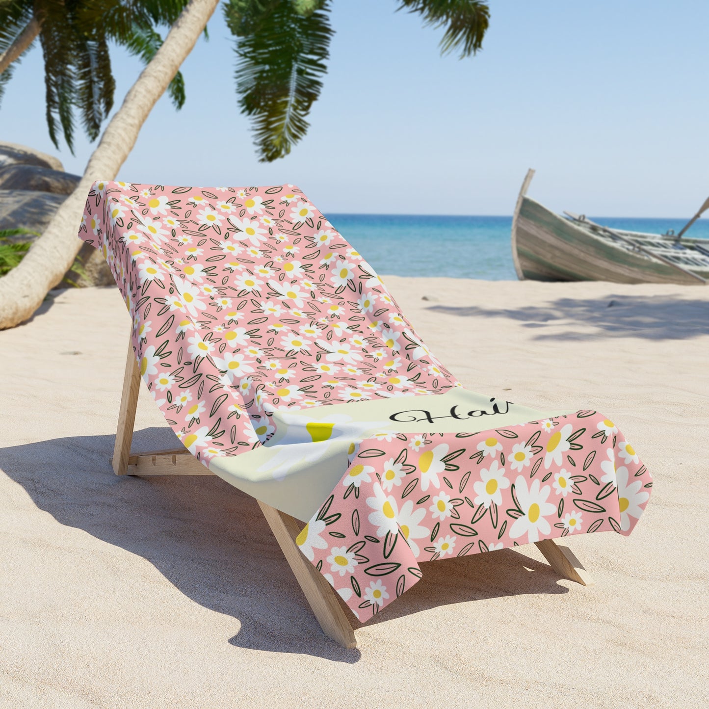 Personalized Daisy Floral Beach Towel — Custom Name Pink Summer Towel