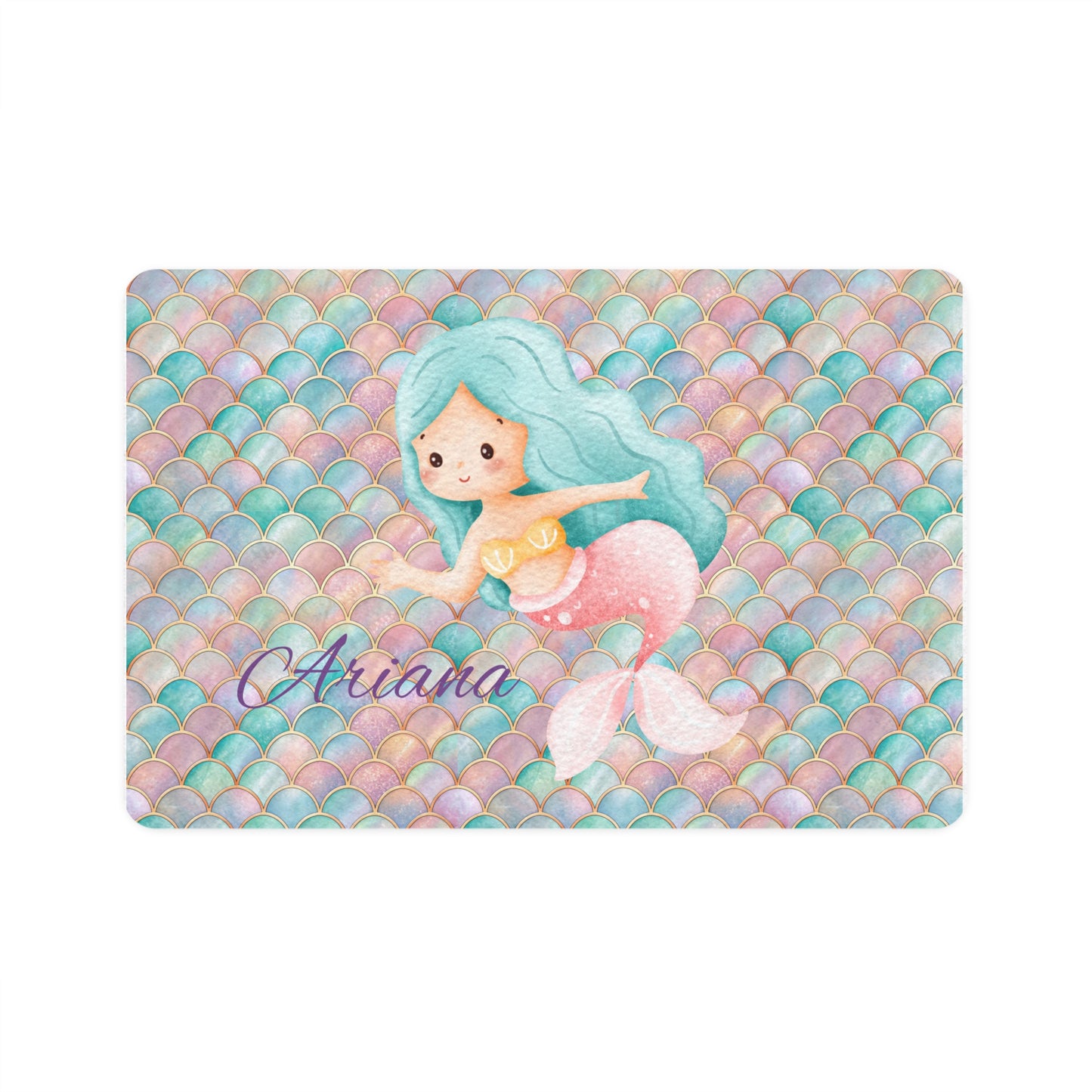 Personalized Mermaid Pet Food Mat (12x18) — Pastel Seashell Design