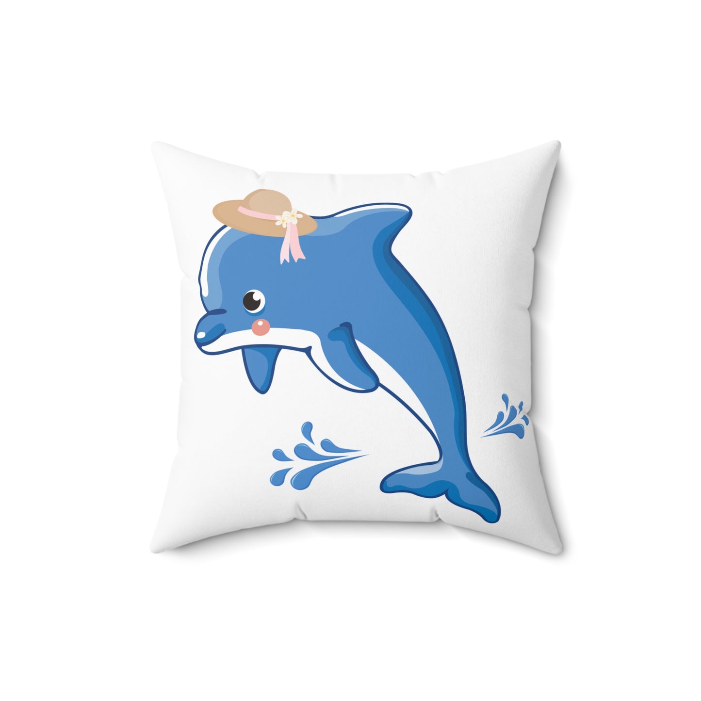Dolphin wearing a straw hat with stylized water splashes Spun Polyester Square Pillow
