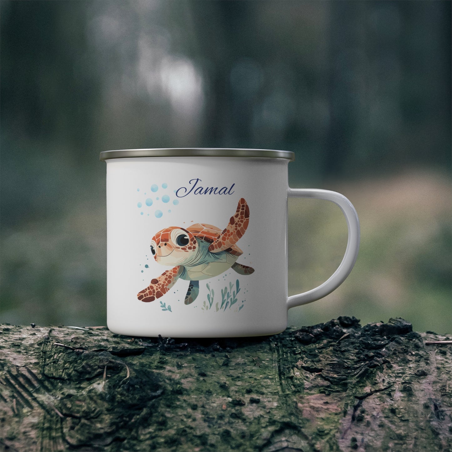 Personalized Enamel Camping Mug with Cute Turtle Design
