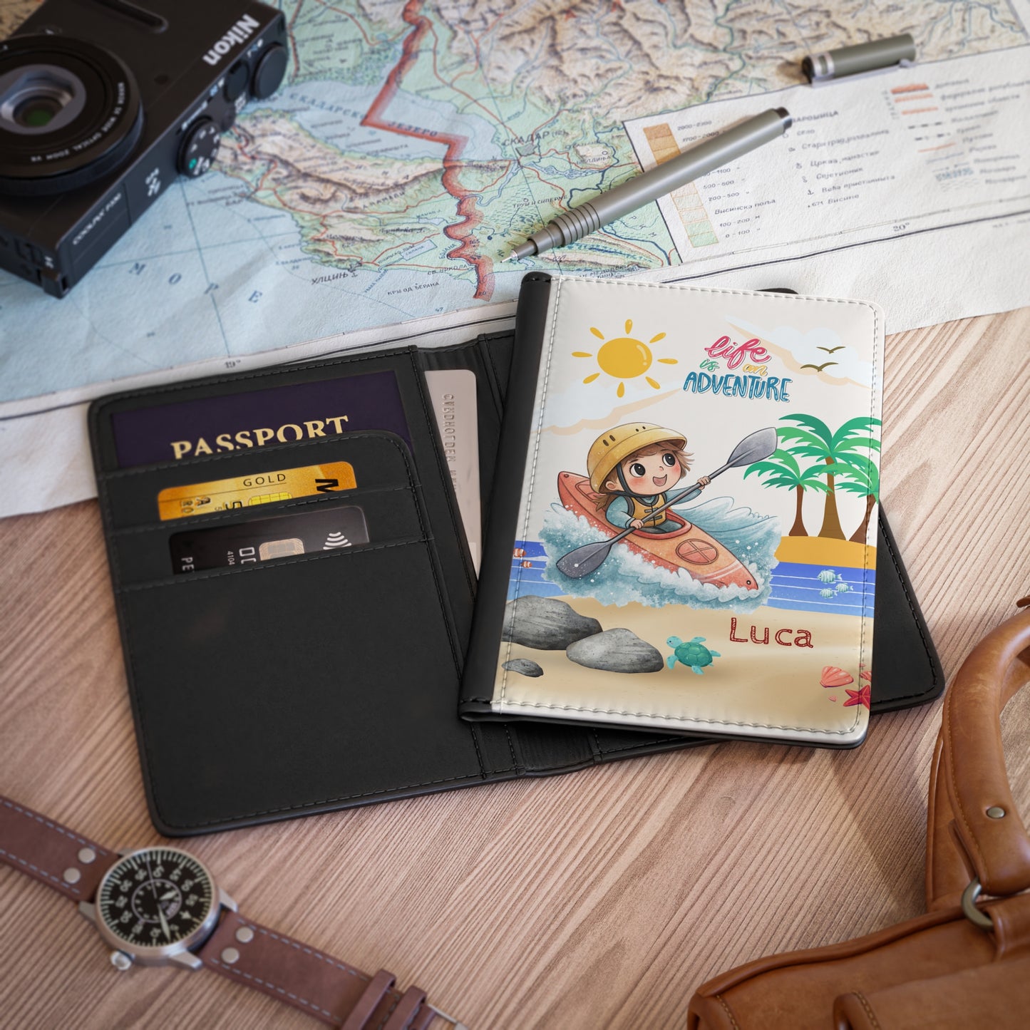 Personalized Kids Kayak Passport Cover — "Life is Adventure" Travel Holder (Custom Name)