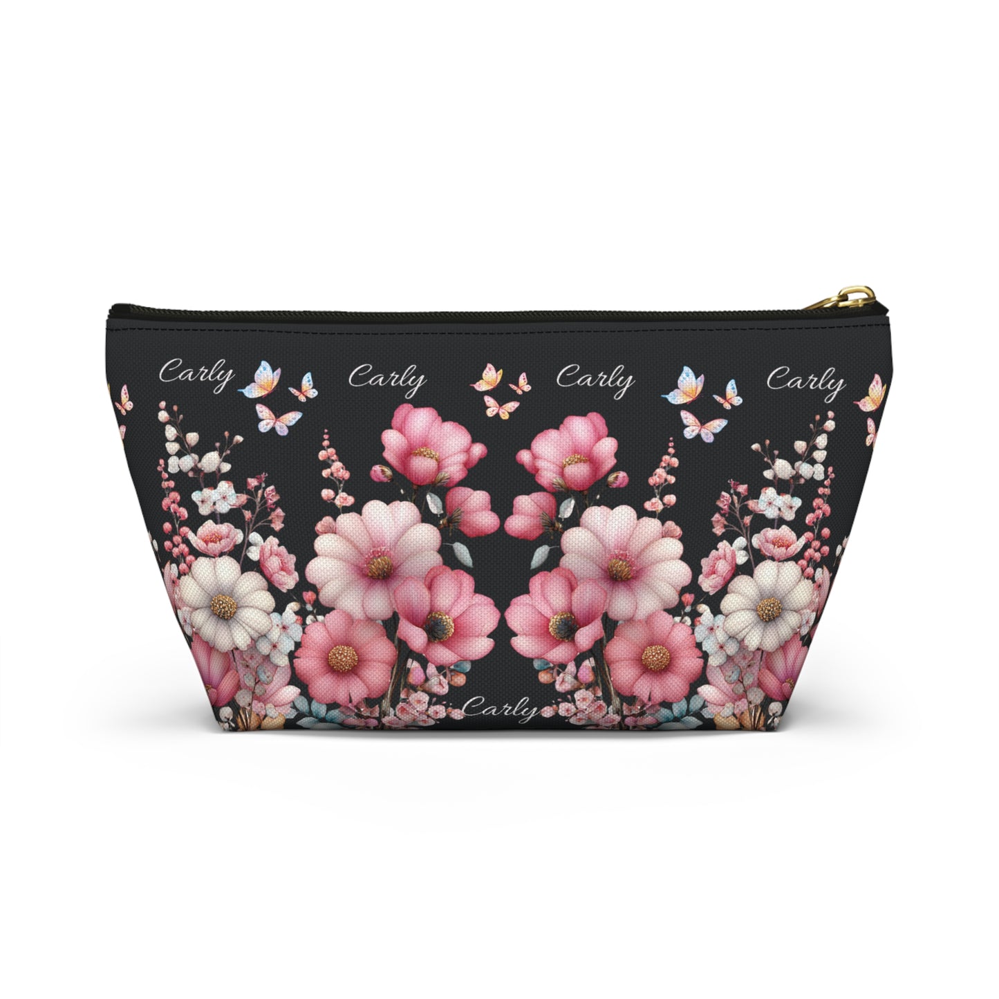 Floral Cosmetic Pouch with Pink Blooms — Personalized 'Carly' Accessory Bag