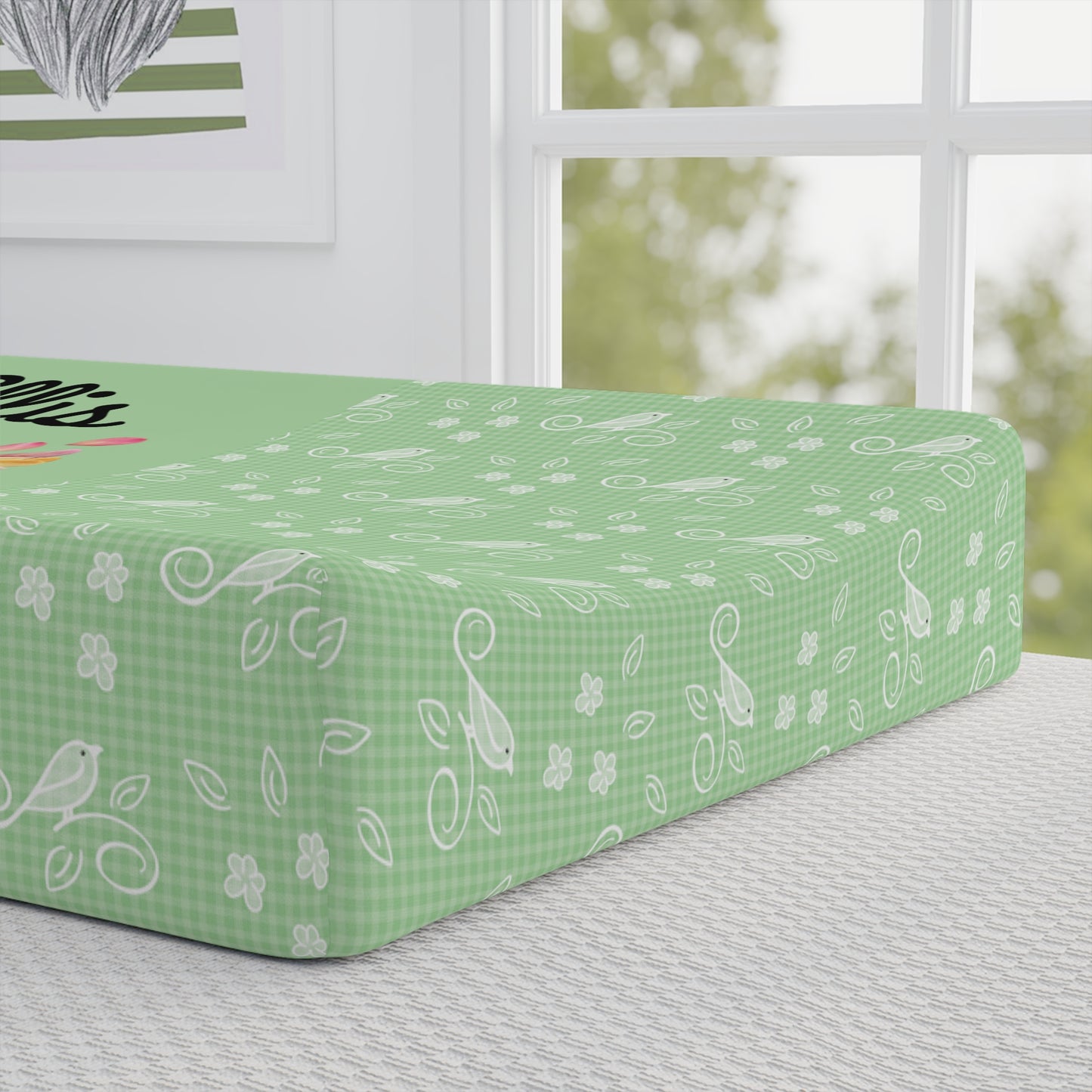 Personalized Baby Changing Pad Cover — Floral Bird Name Design (Customizable)