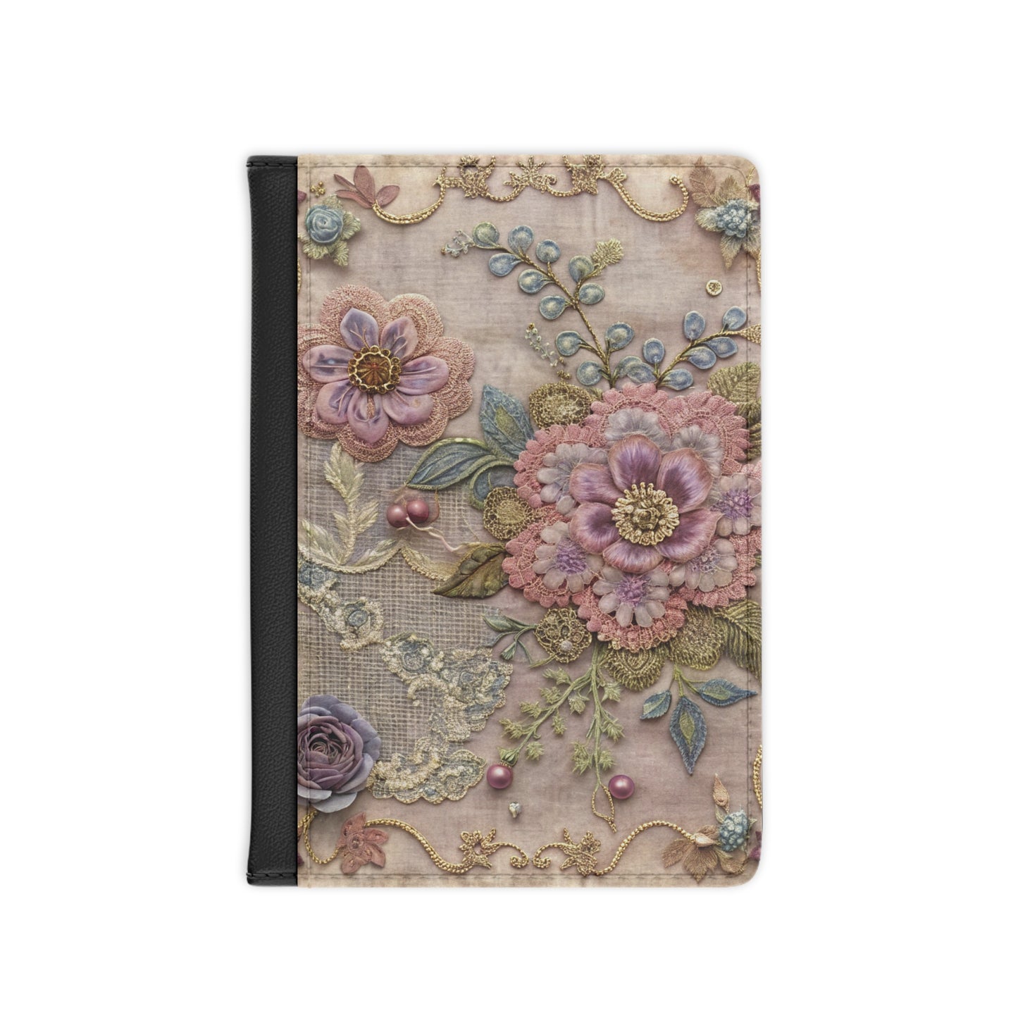 Floral Embroidered Passport Cover — Vintage Pink Peony Travel Wallet