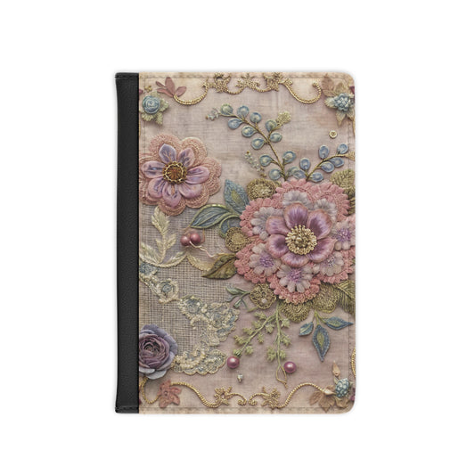 Floral Embroidered Passport Cover — Vintage Pink Peony Travel Wallet