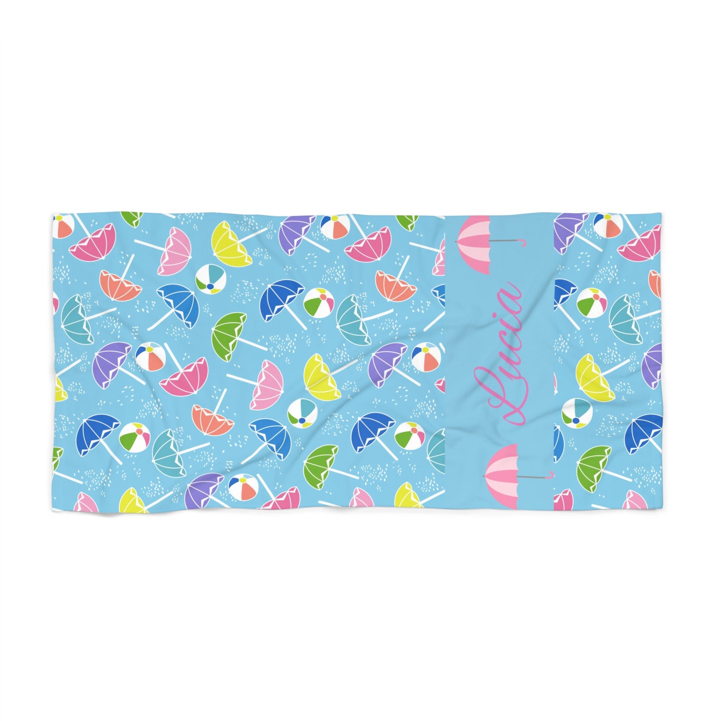 Personalized Blue Beach Towel with Colorful Umbrella & Beach Ball Pattern — Custom Name Option