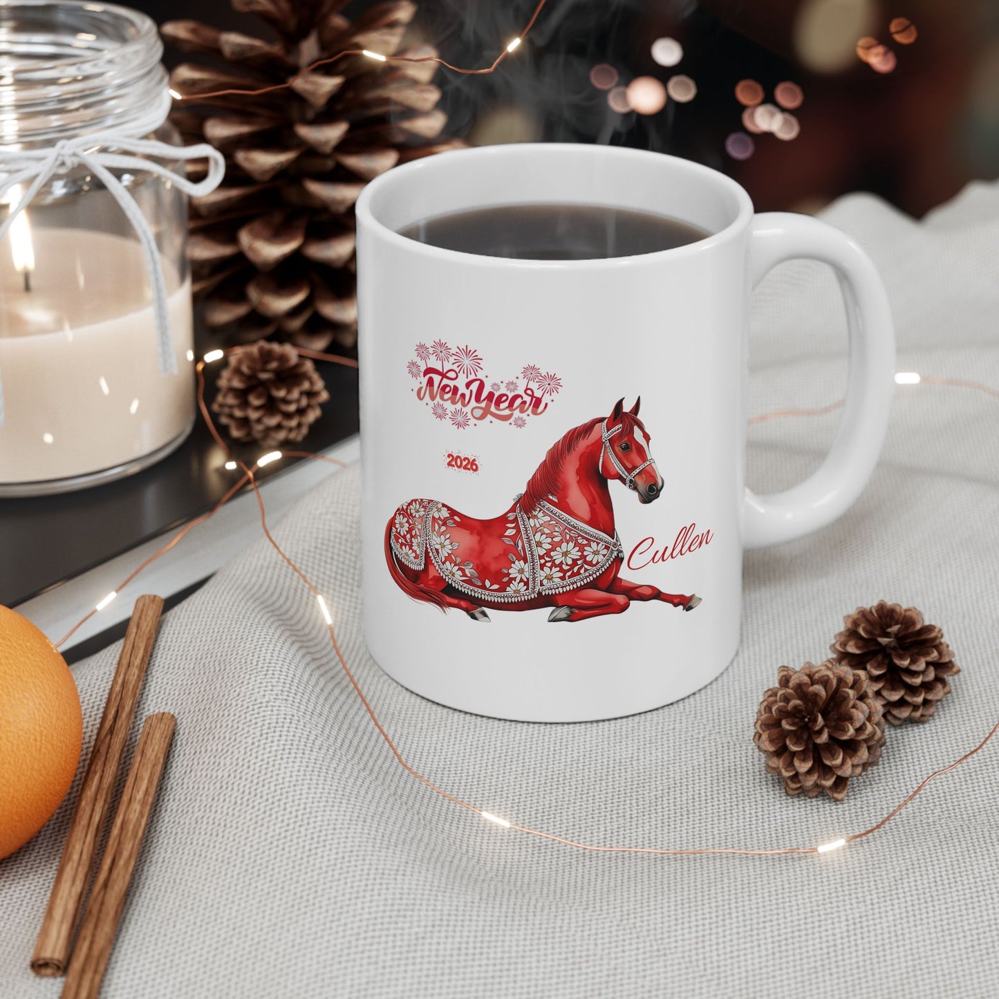 Personalized Red Horse Ceramic Mug — Floral Horse Illustration, Custom Name Option (11oz & 15oz)
