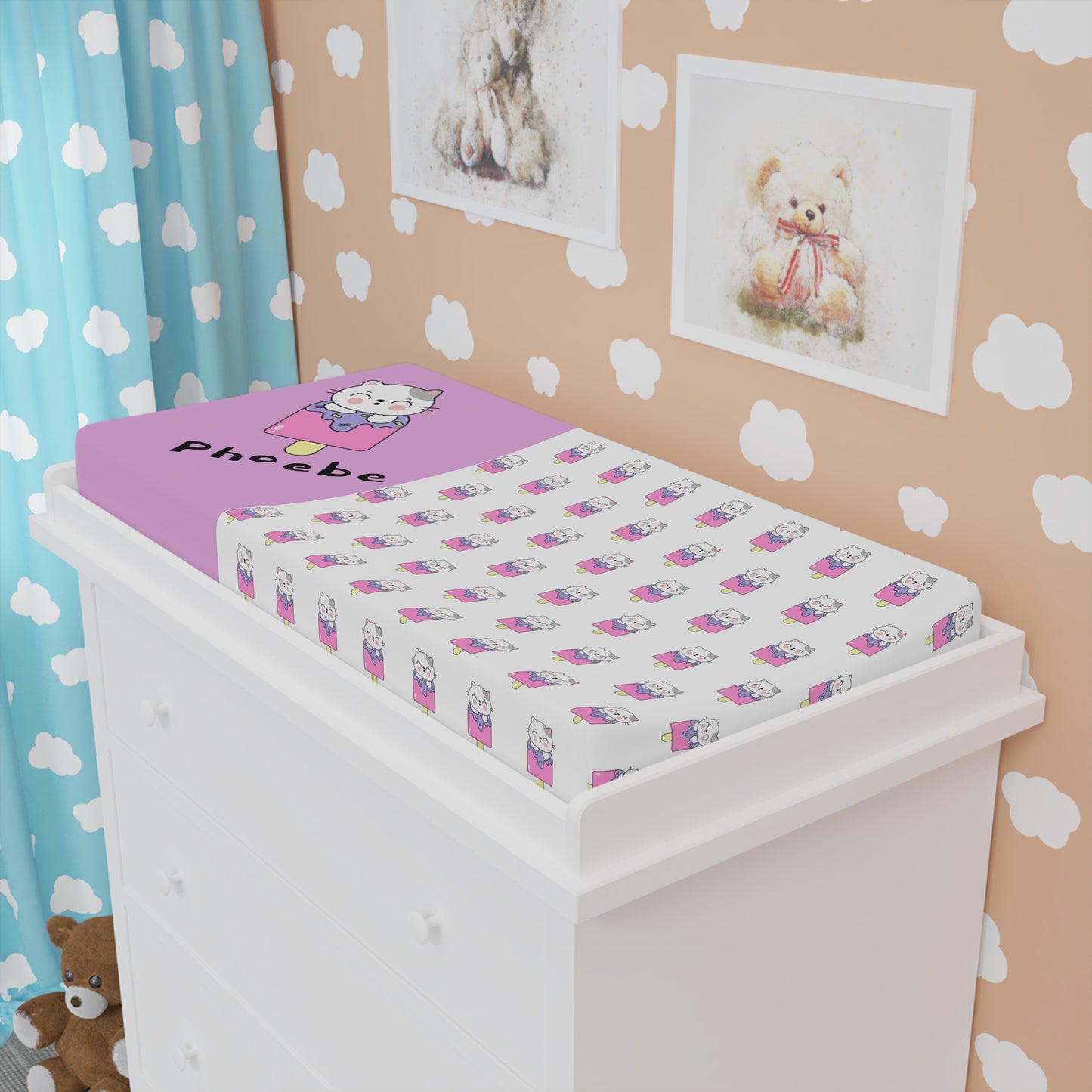 Personalized Cute Cat Baby Changing Pad Cover - Pink Kitty Name (Phoebe)