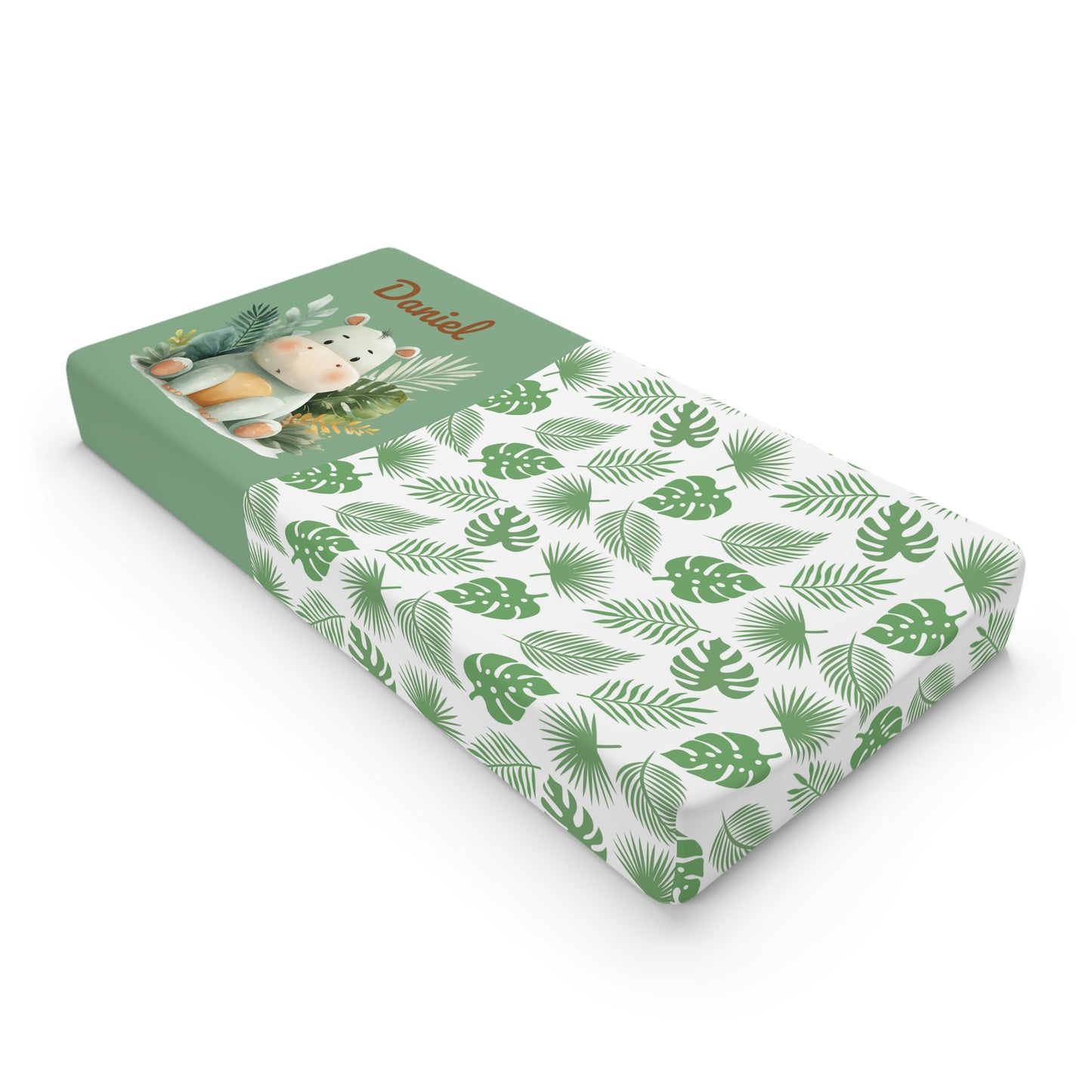 Baby Changing Pad Cover – Personalized Jungle Leaves & Cute Hippo Nursery