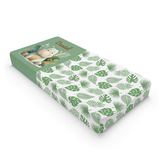 Baby Changing Pad Cover – Personalized Jungle Leaves & Cute Hippo Nursery